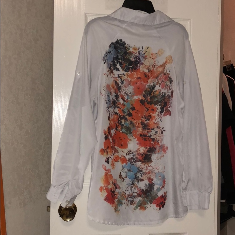 White chevron shirt with floral print on the back